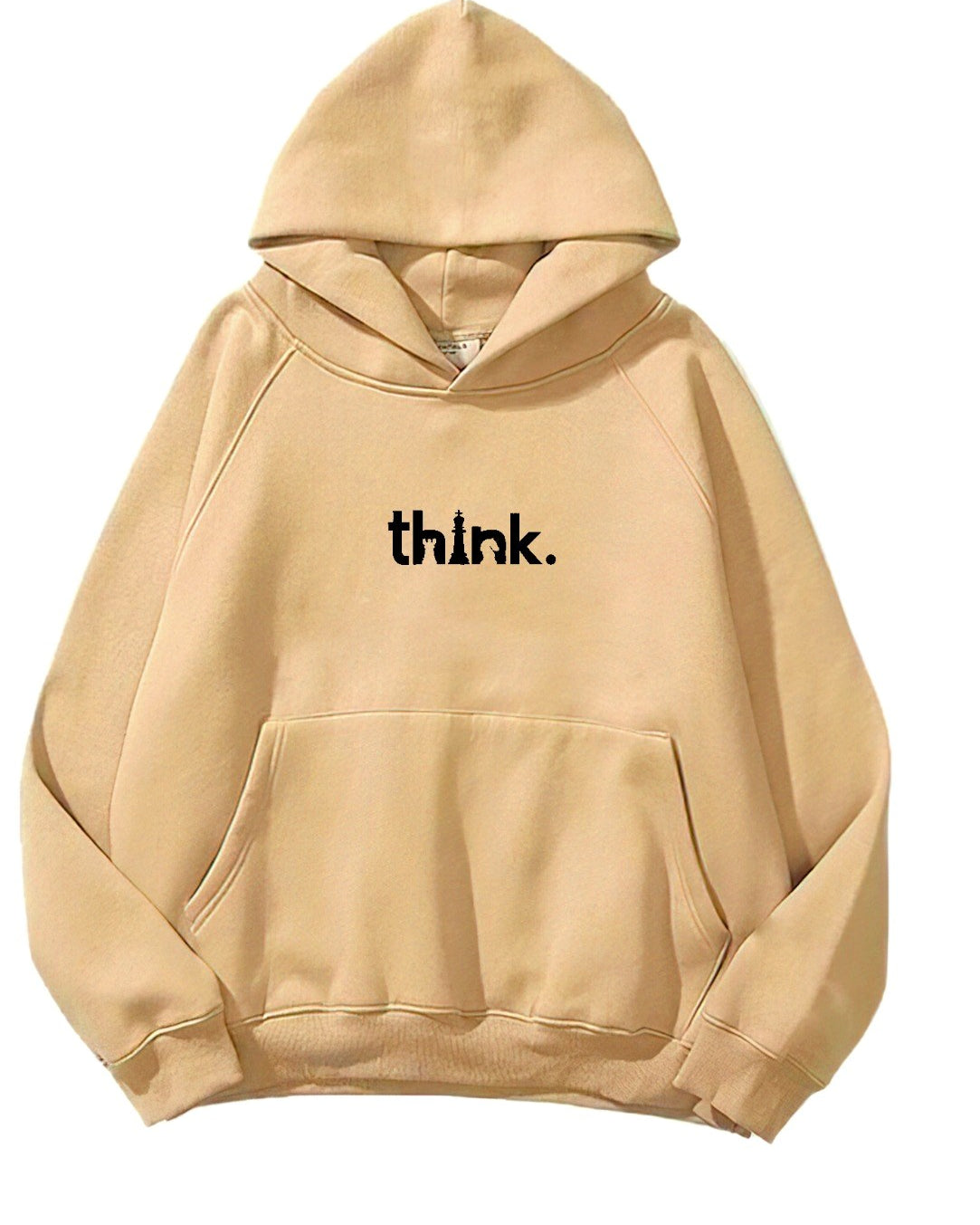 Kapüşonlu İçi Polar Satranç Think Baskılı Bej Unisex Oversize Hoodie Sweatshirt