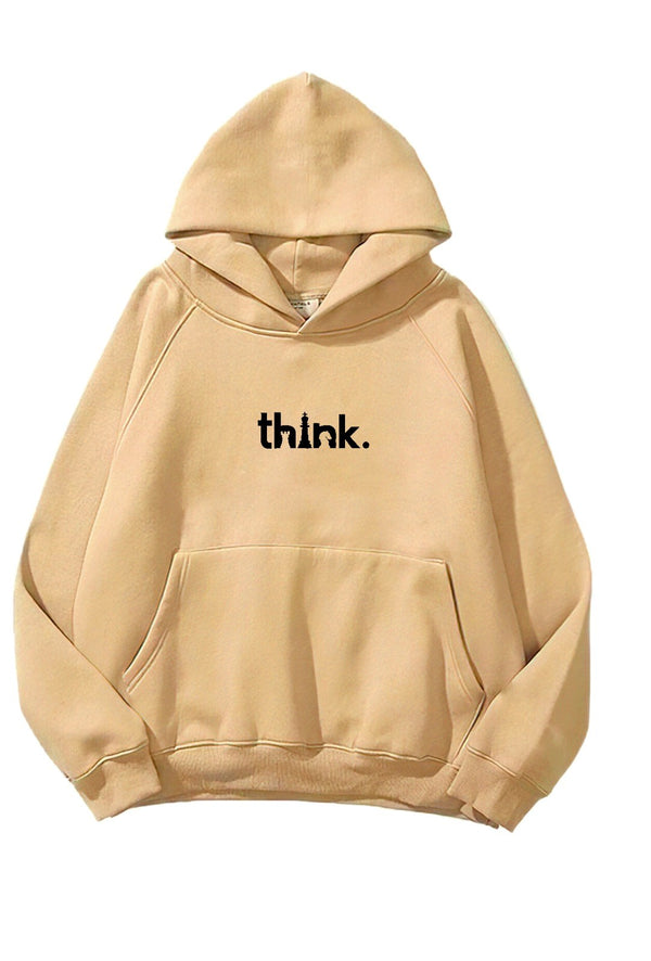 Kapüşonlu İçi Polar Satranç Think Baskılı Bej Unisex Oversize Hoodie Sweatshirt