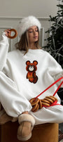 Kadın Oversize Sweatshirt Elbise Misha Mood Baskılı Beyaz – Bisiklet Yaka, 3 İplik Şardonlu Polar