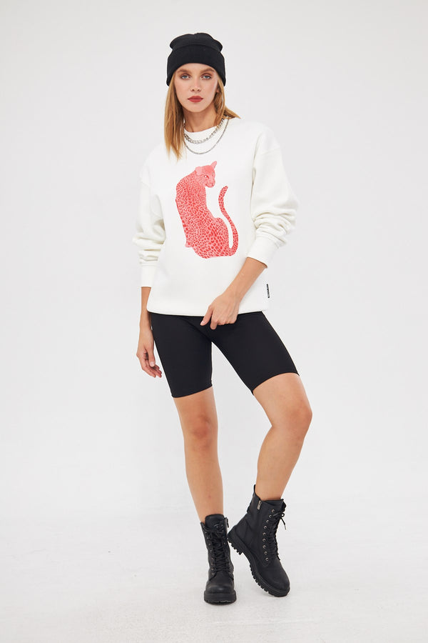 Bisiklet Yaka İçi Polar Leopar Baskılı Beyaz Oversize Sweatshirt