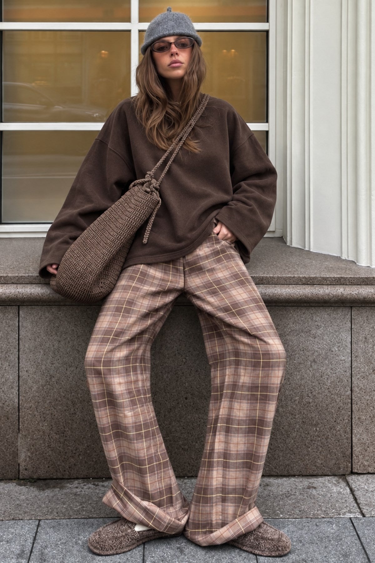 Kadın Relaxed Fit Sweatshirt Basic Kahverengi – Bisiklet Yaka, 3 İplik Şardonsuz, Düşük Omuz