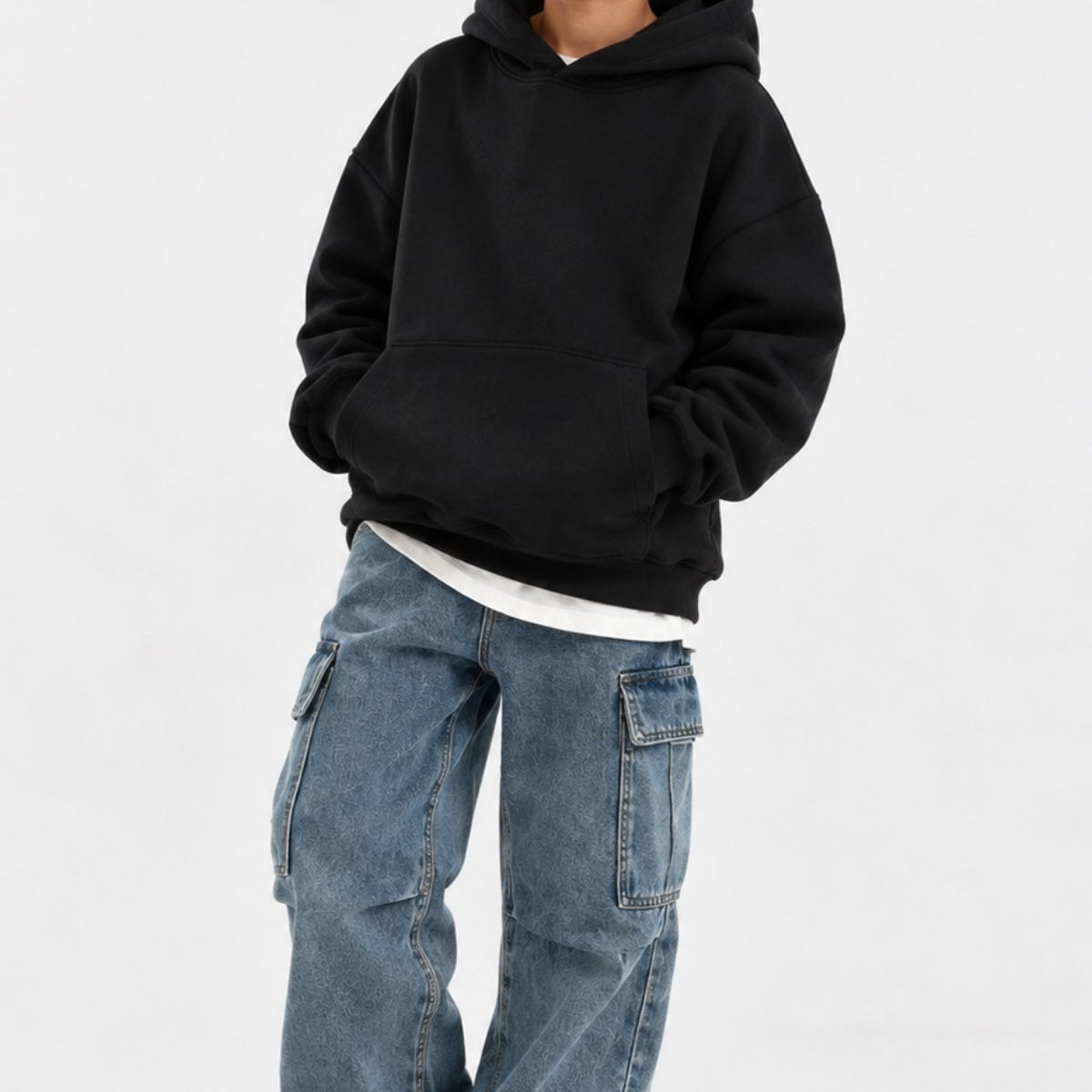 Erkek Çocuk Oversize Basic Hoodie Sweatshirt Siyah– Kapüşonlu, Kanguru Cepli, 3 İplik Polar