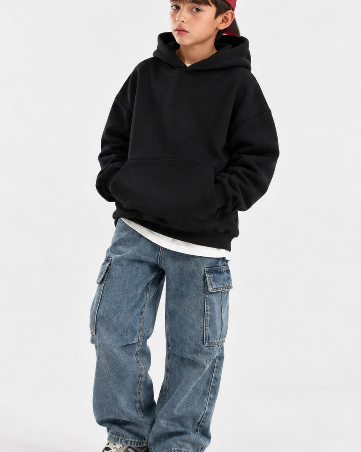Erkek Çocuk Oversize Basic Hoodie Sweatshirt Siyah– Kapüşonlu, Kanguru Cepli, 3 İplik Polar