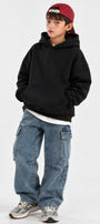 Erkek Çocuk Oversize Basic Hoodie Sweatshirt Siyah– Kapüşonlu, Kanguru Cepli, 3 İplik Polar