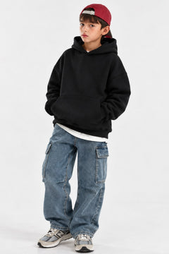 Erkek Çocuk Oversize Basic Hoodie Sweatshirt Siyah– Kapüşonlu, Kanguru Cepli, 3 İplik Polar