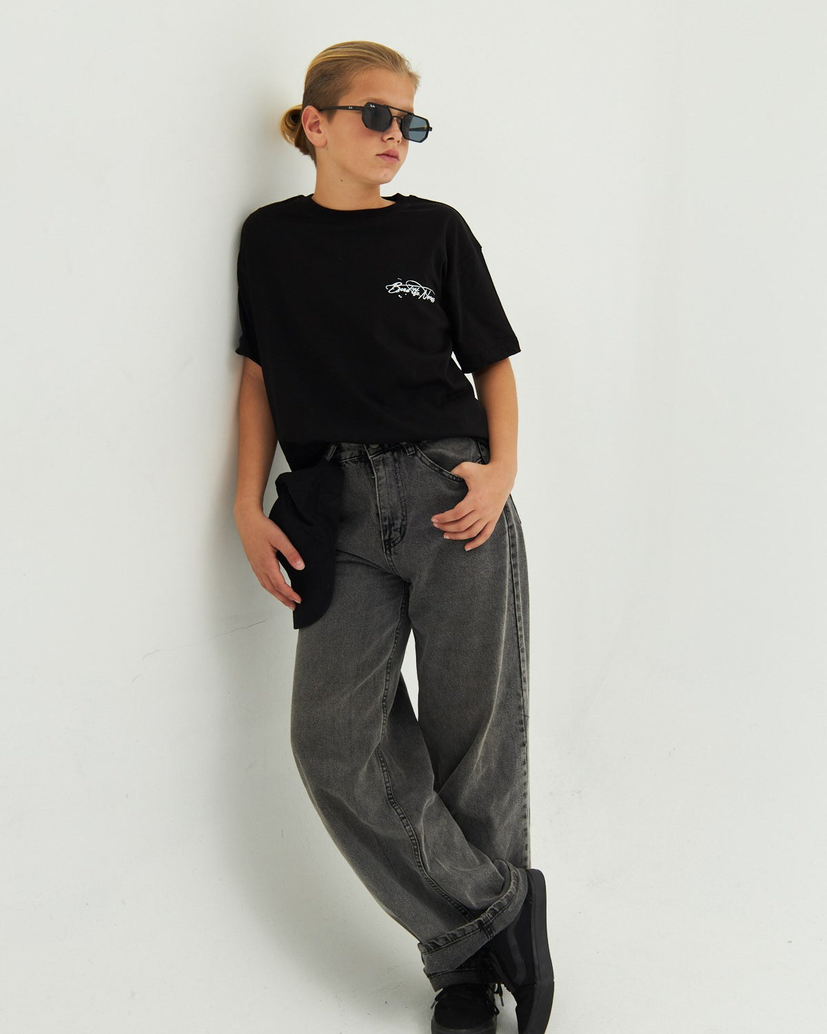 Arka Baskılı %100 Pamuk Unisex Oversize Siyah Çocuk Tişört