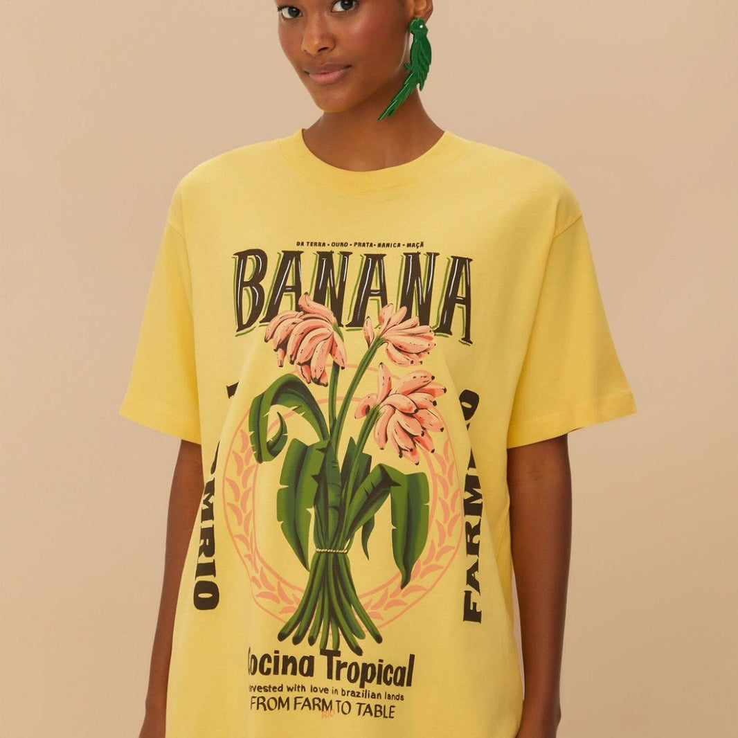Kadın Sarı Oversize Banana Yazılı Tropikal Desenli Yazlık Tişört