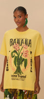 Kadın Sarı Oversize Banana Yazılı Tropikal Desenli Yazlık Tişört