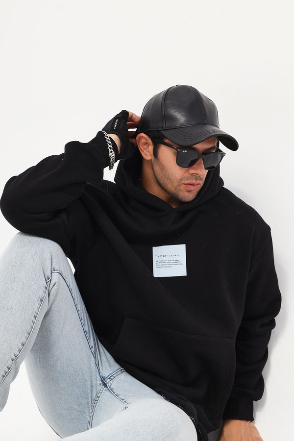 Kapüşonlu İçi Polar Syzygy Yazı Baskılı Siyah Oversize Hoodie Sweatshirt