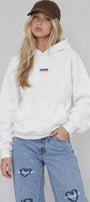 Kadın Oversize Hoodie Amore Baskılı Beyaz – Kapüşonlu, Kanguru Cepli, 3 İplik Şardonlu Polar