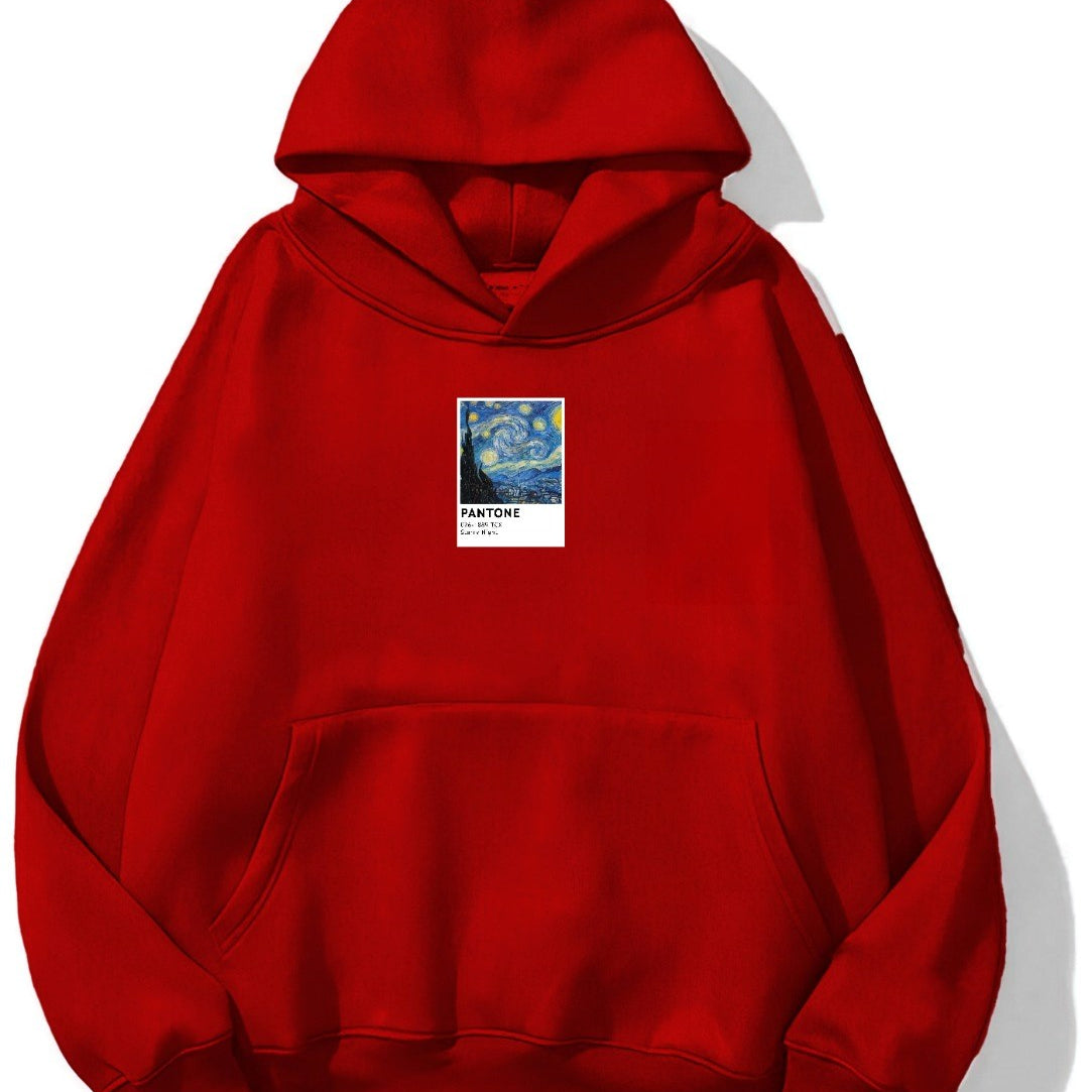 Kapüşonlu İçi Polar Starry Night Baskılı Kırmızı Unisex Oversize Hoodie Sweatshirt