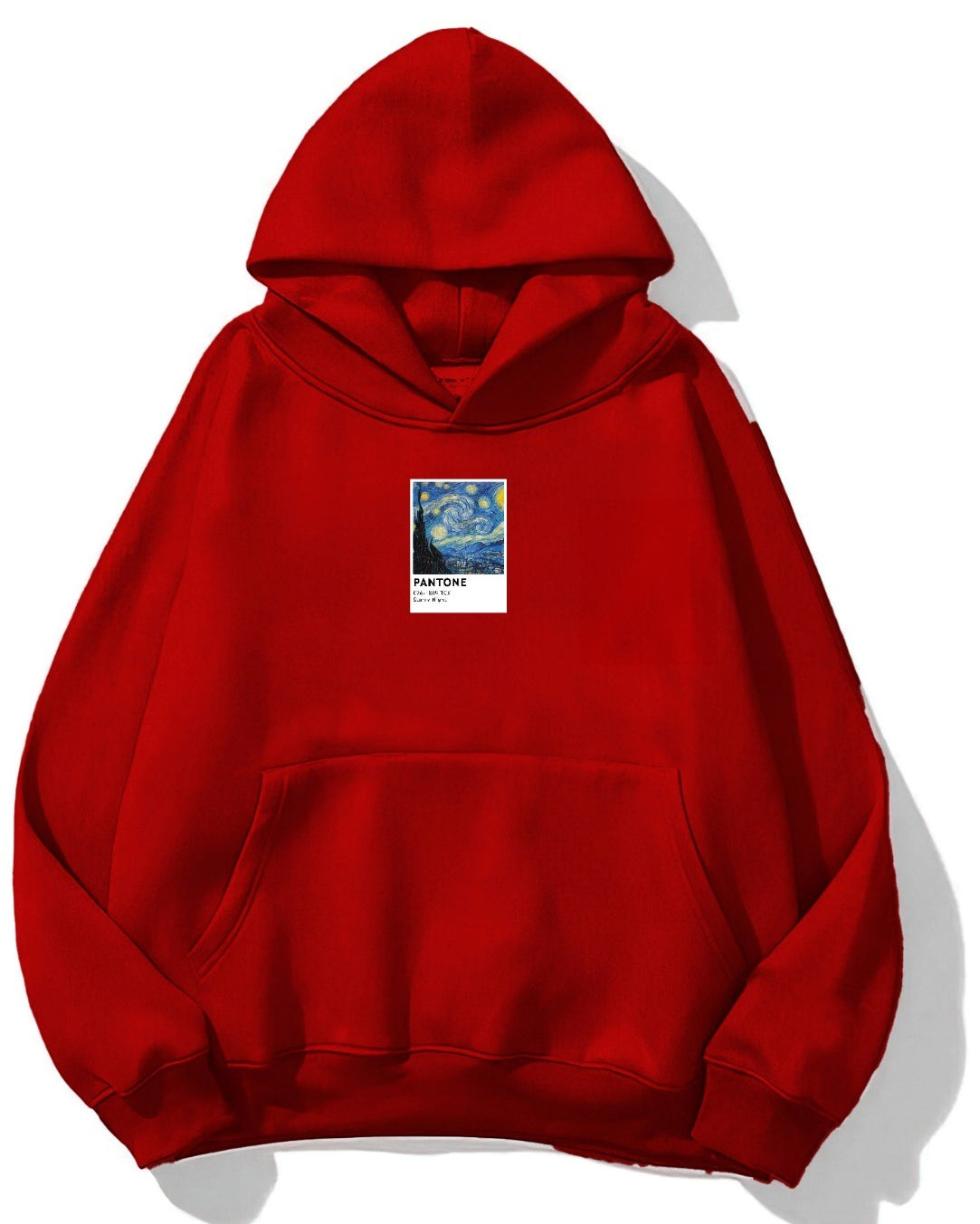 Kapüşonlu İçi Polar Starry Night Baskılı Kırmızı Unisex Oversize Hoodie Sweatshirt