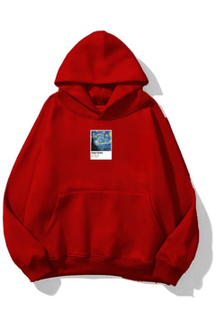 Kapüşonlu İçi Polar Starry Night Baskılı Kırmızı Unisex Oversize Hoodie Sweatshirt