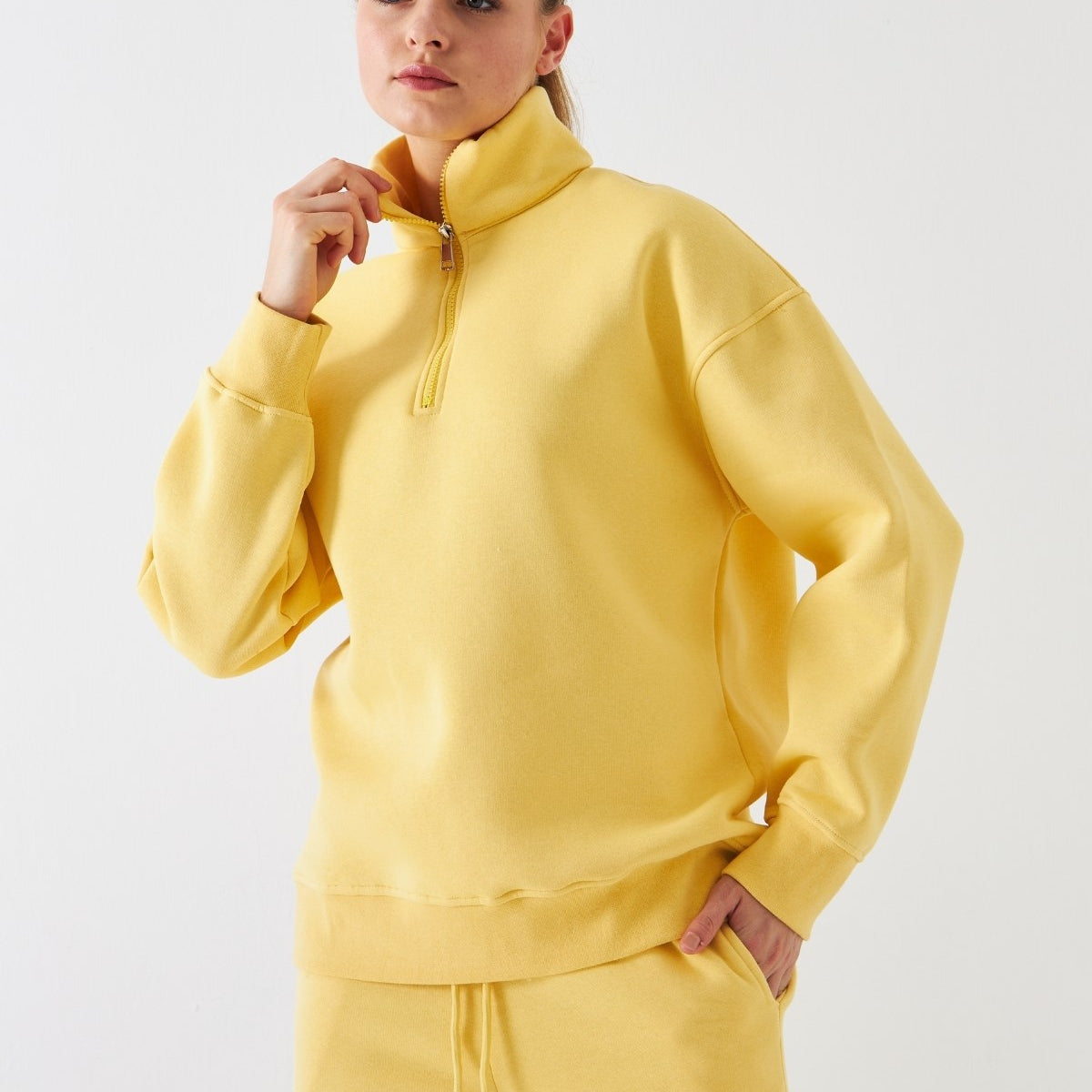 Unisex Oversize Sweatshirt Basic Sarı – Yarım Fermuar Dik Yaka, 3 İplik Şardonlu Polar
