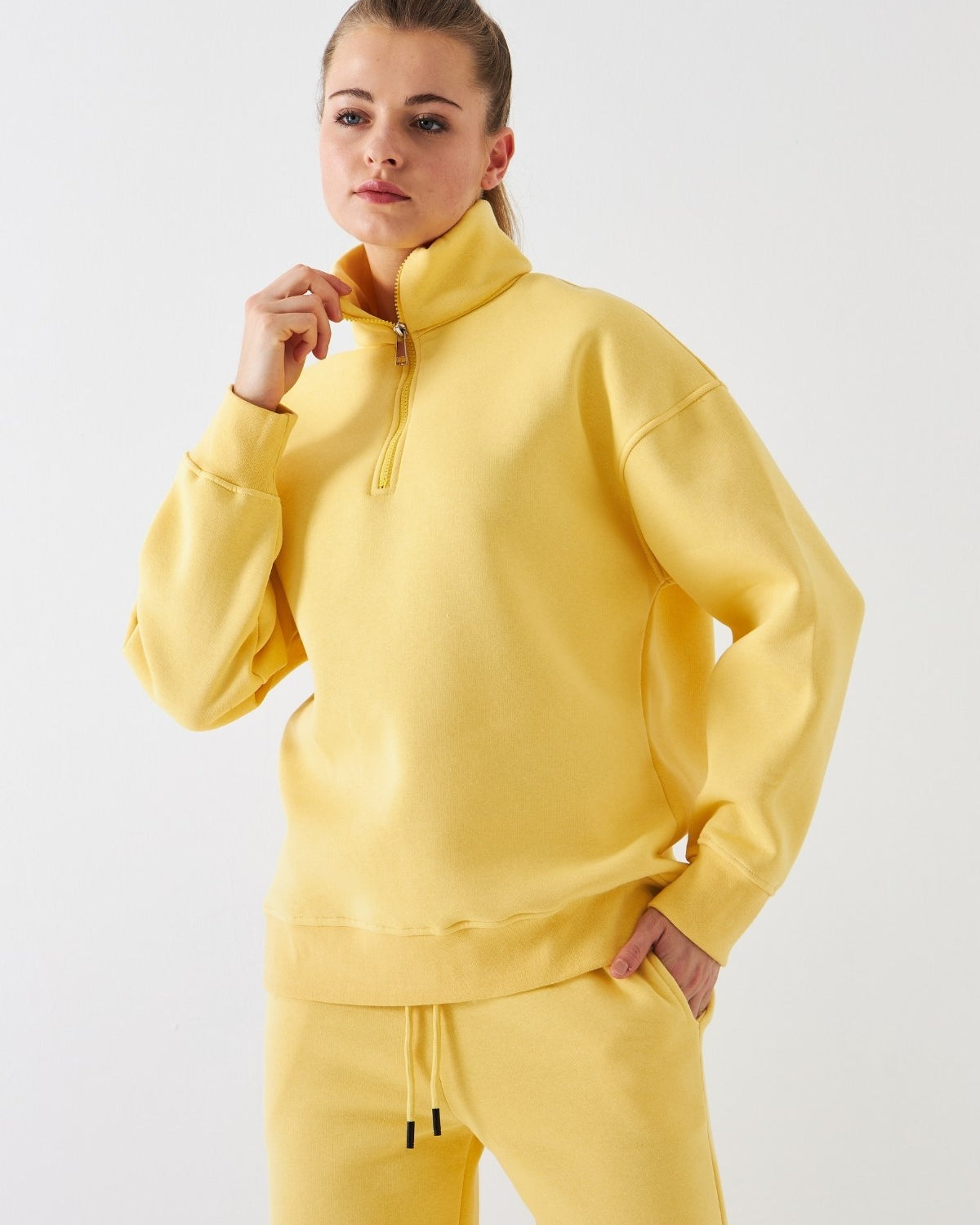 Unisex Oversize Sweatshirt Basic Sarı – Yarım Fermuar Dik Yaka, 3 İplik Şardonlu Polar