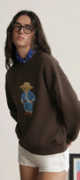 Kadın Oversize Sweatshirt Ranch Bear Baskılı Kahverengi – Bisiklet Yaka, 3 İplik Şardonlu Polar