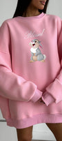 Kadın Oversize Sweatshirt Elbise Blessed Bunny Baskılı Pembe – Bisiklet Yaka, 3 İplik Şardonlu Polar