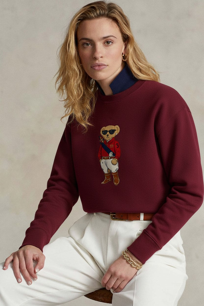 Kadın Oversize Sweatshirt Regatta Bear Baskılı Bordo – Bisiklet Yaka, 3 İplik Şardonlu