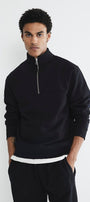 Erkek Siyah Yarım Fermuarlı Sweatshirt 3 İplik Şardonlu Oversize Kesim
