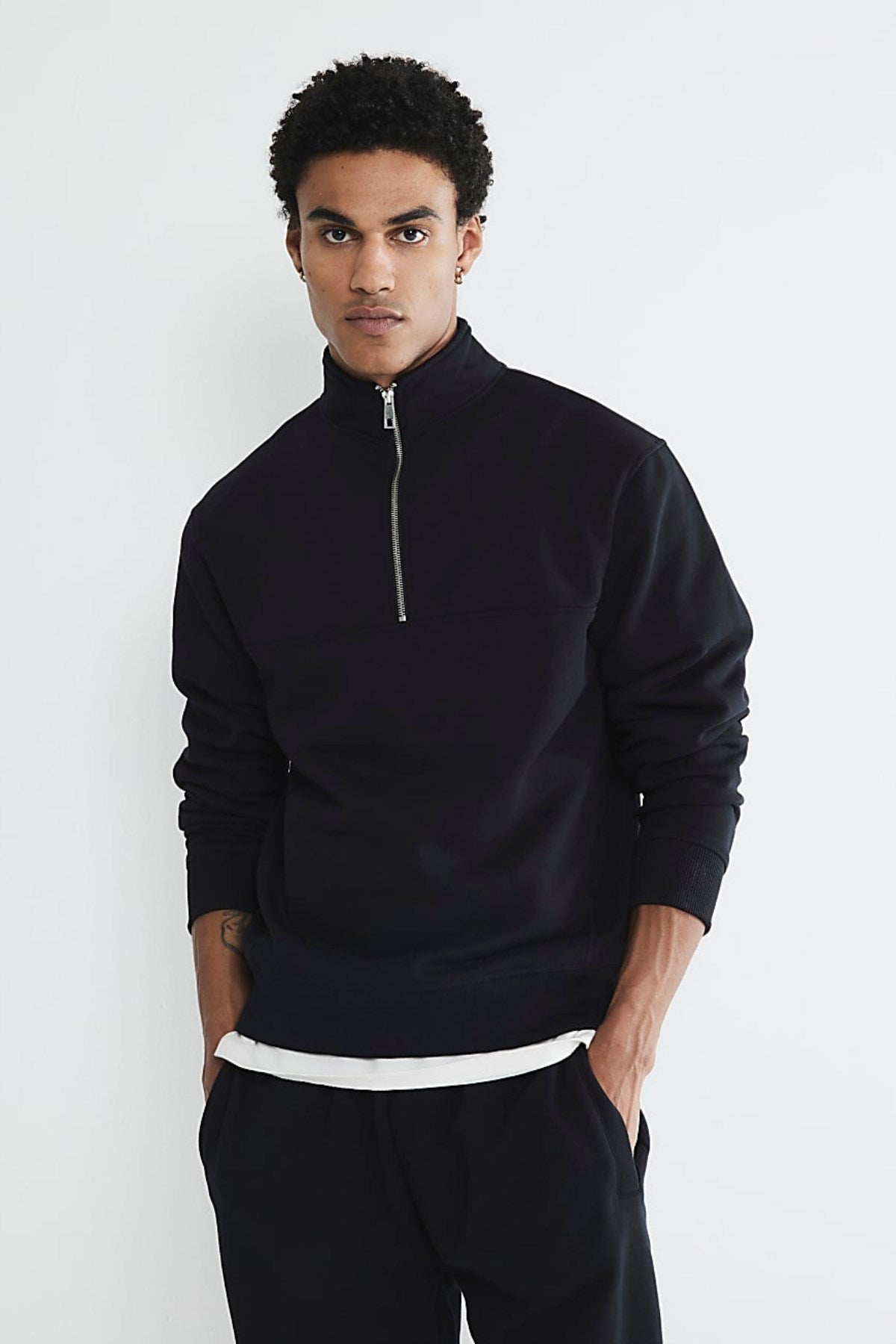 Erkek Siyah Yarım Fermuarlı Sweatshirt 3 İplik Şardonlu Oversize Kesim