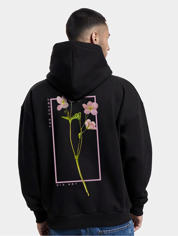 Kapüşonlu İçi Polar Flowers Baskılı Siyah Unisex Hoodie Sweatshirt