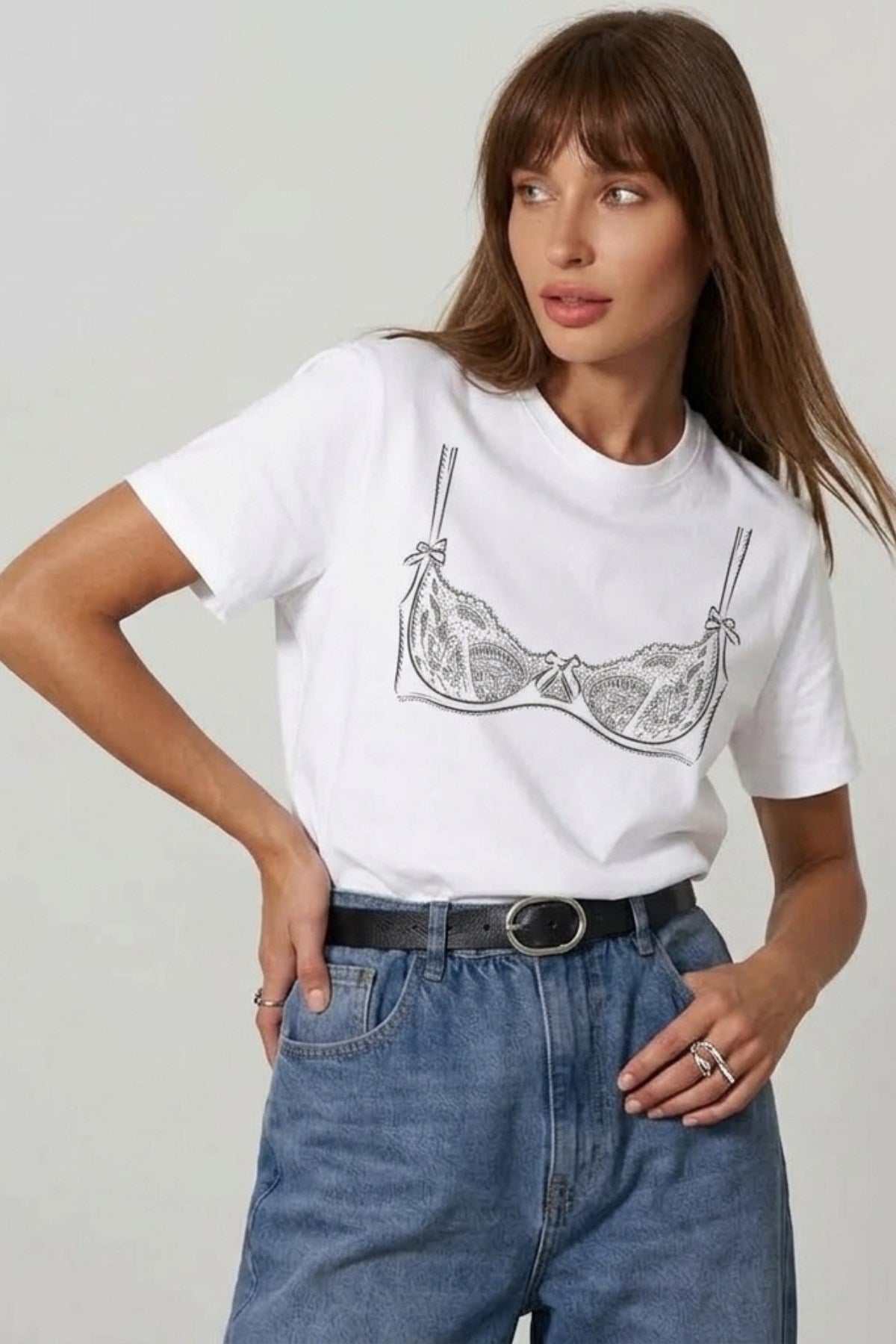 Kadın Double Oversize Lingerie Sketch Blue Baskılı Beyaz – Bisiklet Yaka, Rahat Kalıp, %100 Pamuk
