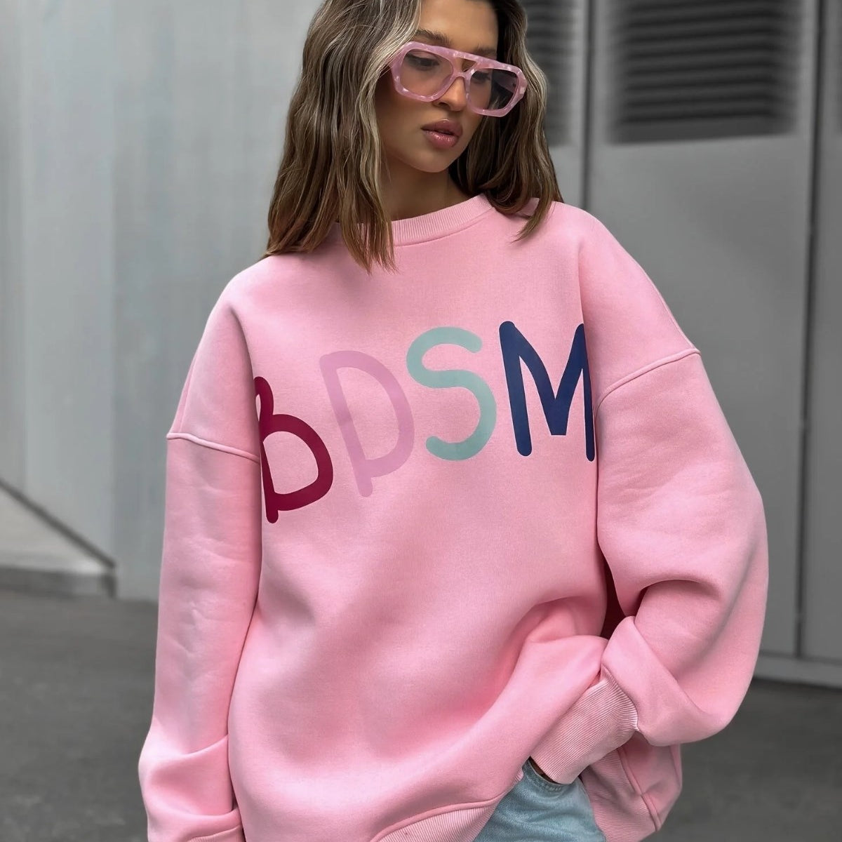 Kadın Oversize Sweatshirt Elbise Color Pop Baskılı Pembe – Bisiklet Yaka, 3 İplik Şardonlu Polar
