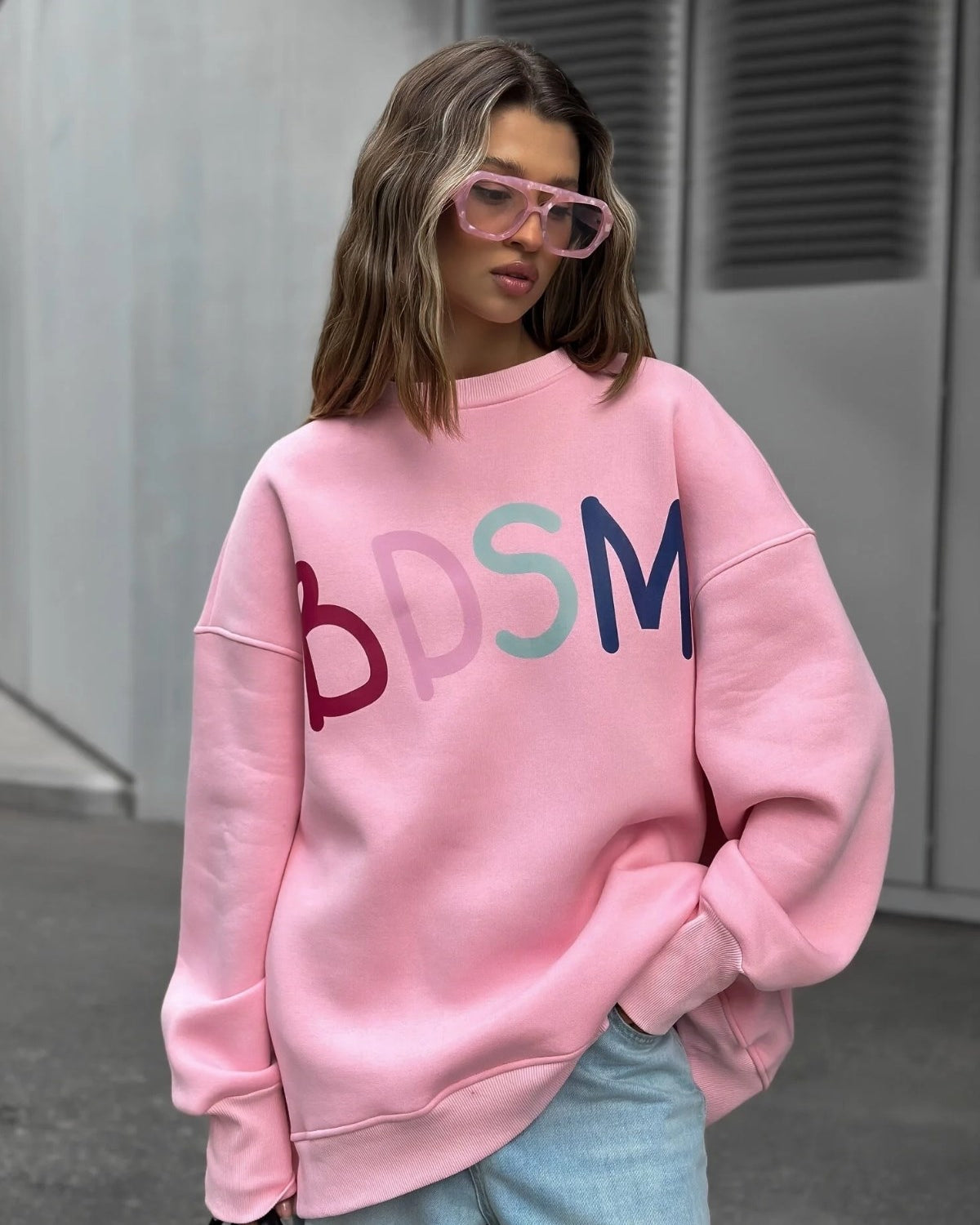 Kadın Oversize Sweatshirt Elbise Color Pop Baskılı Pembe – Bisiklet Yaka, 3 İplik Şardonlu Polar
