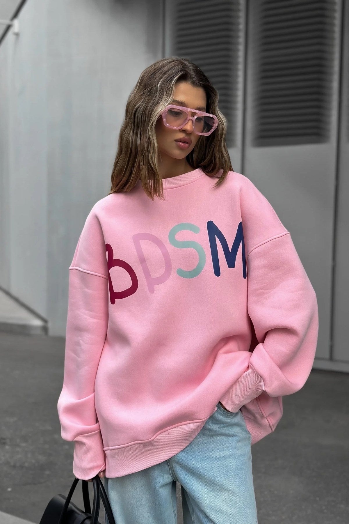 Kadın Oversize Sweatshirt Elbise Color Pop Baskılı Pembe – Bisiklet Yaka, 3 İplik Şardonlu Polar