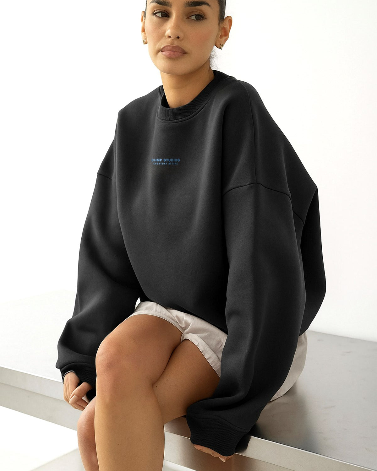 Kadın Oversize Sweatshirt CHMP STUDIOS Füme – Bisiklet Yaka, 3 İplik Şardounlu Polar