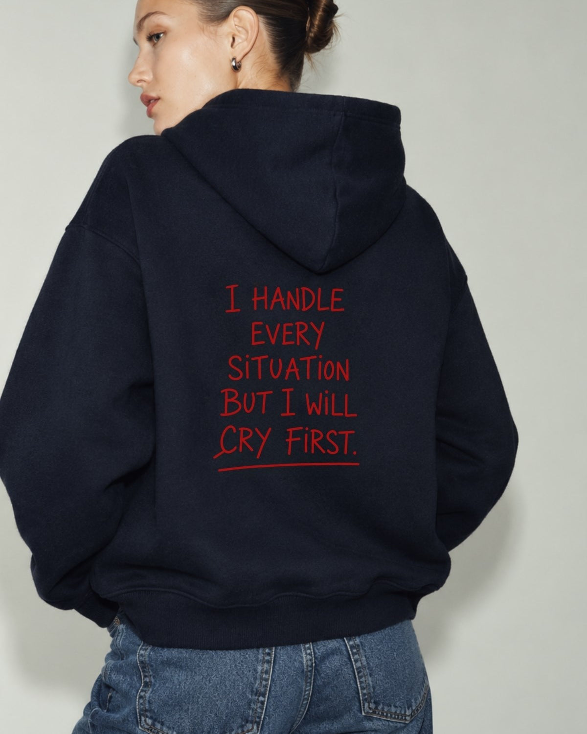 Kadın Oversize Hoodie Cry First Baskılı Lacivert – Kapüşonlu, Kanguru Cepli, 3 İplik Şardonlu Polar