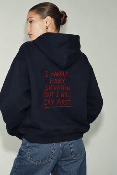 Kadın Oversize Hoodie Cry First Baskılı Lacivert – Kapüşonlu, Kanguru Cepli, 3 İplik Şardonlu Polar