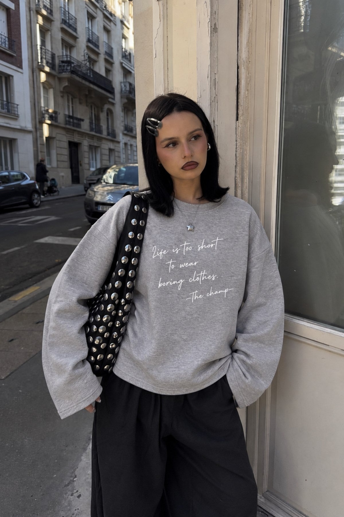 Kadın Relaxed Fit Sweatshirt Life Is Too Short Baskılı Gri Melanj – Bisiklet Yaka, 3 İplik Şardonsuz