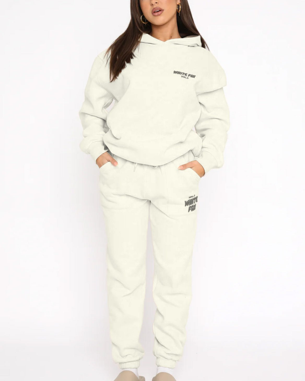 White Fox Kadın Vol 3 Baskılı %100 Pamuk Krem Kapüşonlu Oversize Hoodie