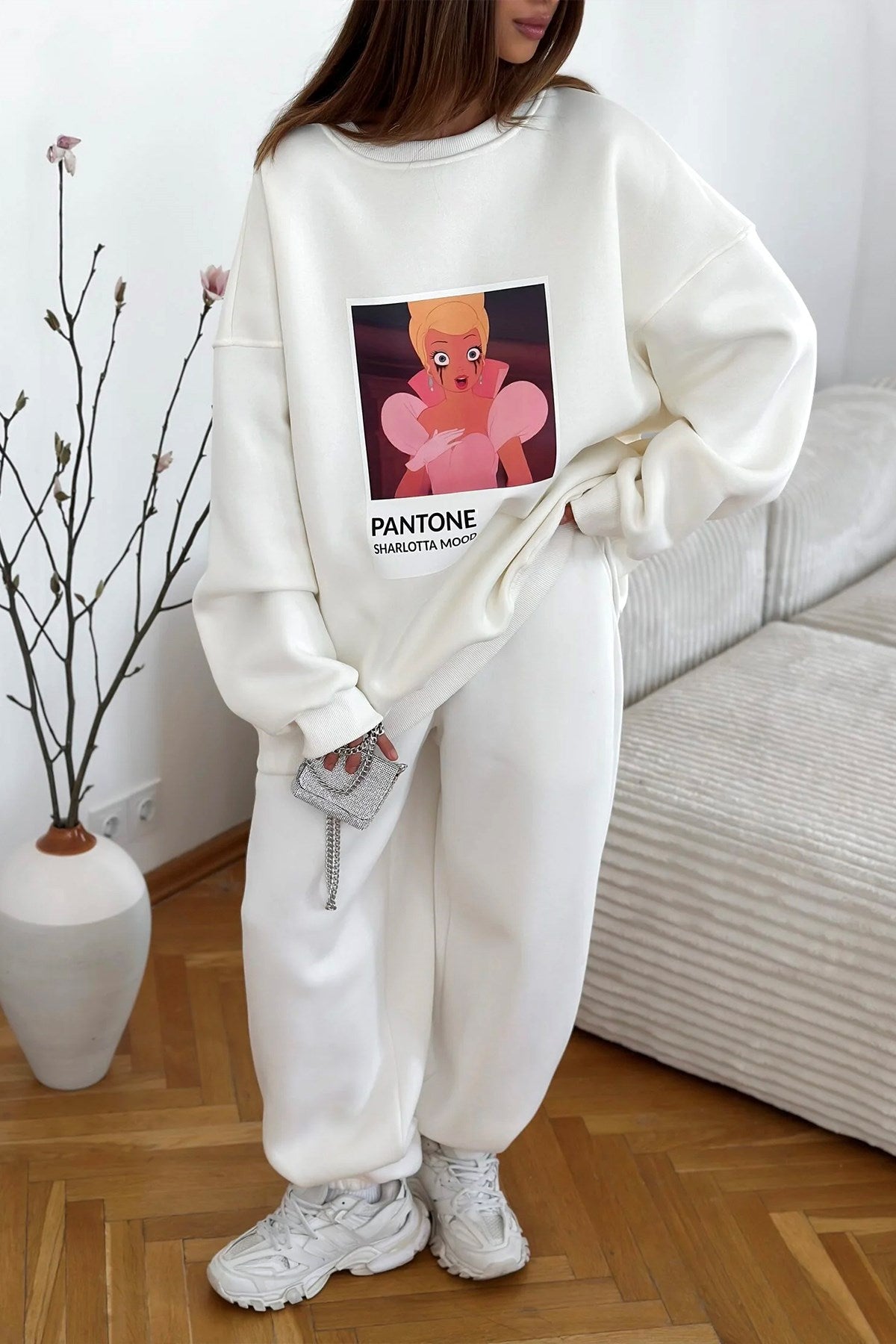 Kadın Oversize Sweat  – 3 İplik Şardonlu Polar, Bisiklet Yaka, Pantone – Prenses Baskılı