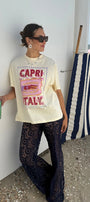 Kadın Oversize Tişört Capri Summer Baskılı Sarı – Bisiklet Yaka, %100 Pamuk Compact Süprem 24/1