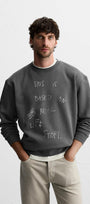 Bisiklet Yaka İçi Polar Life Story Yazı Baskılı Füme Oversize Sweatshirt