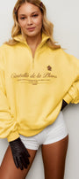 Kadın Oversize Sweatshirt Castelló de la Plana Baskılı Sarı – Yarım Fermuarlı, 3 İplik Polar