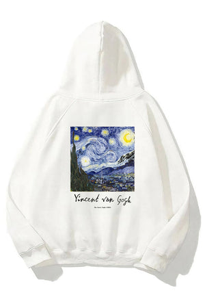 Kapüşonlu İçi Polar Vincent Van Gogh Baskılı Beyaz Unisex Hoodie Sweatshirt