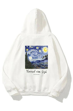 Kapüşonlu İçi Polar Vincent Van Gogh Baskılı Beyaz Unisex Hoodie Sweatshirt