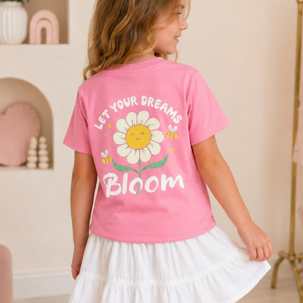 Kız Çocuk Tişört Let Your Dreams Bloom Baskılı Pembe – Bisiklet Yaka, Rahat Kalıp, %100 Pamuk
