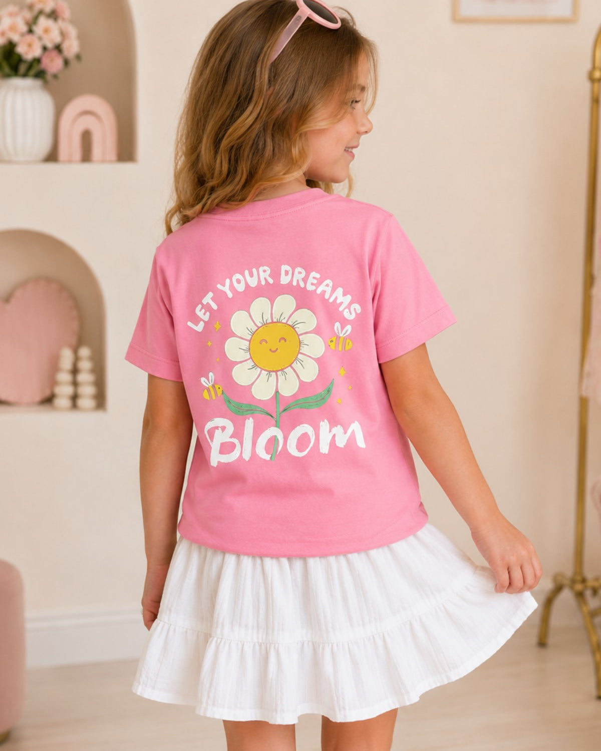 Kız Çocuk Tişört Let Your Dreams Bloom Baskılı Pembe – Bisiklet Yaka, Rahat Kalıp, %100 Pamuk