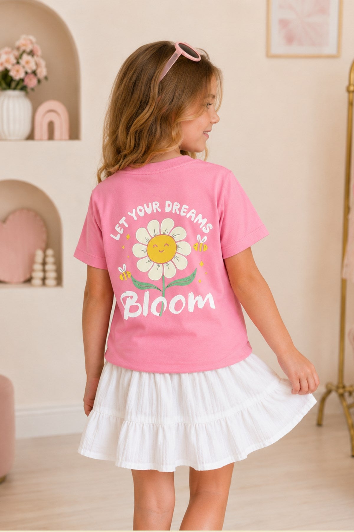 Kız Çocuk Tişört Let Your Dreams Bloom Baskılı Pembe – Bisiklet Yaka, Rahat Kalıp, %100 Pamuk