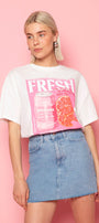 Kadın Oversize Tişört Fresh Spark Baskılı Beyaz – Bisiklet Yaka, %100 Pamuk Compact Süprem 24/1