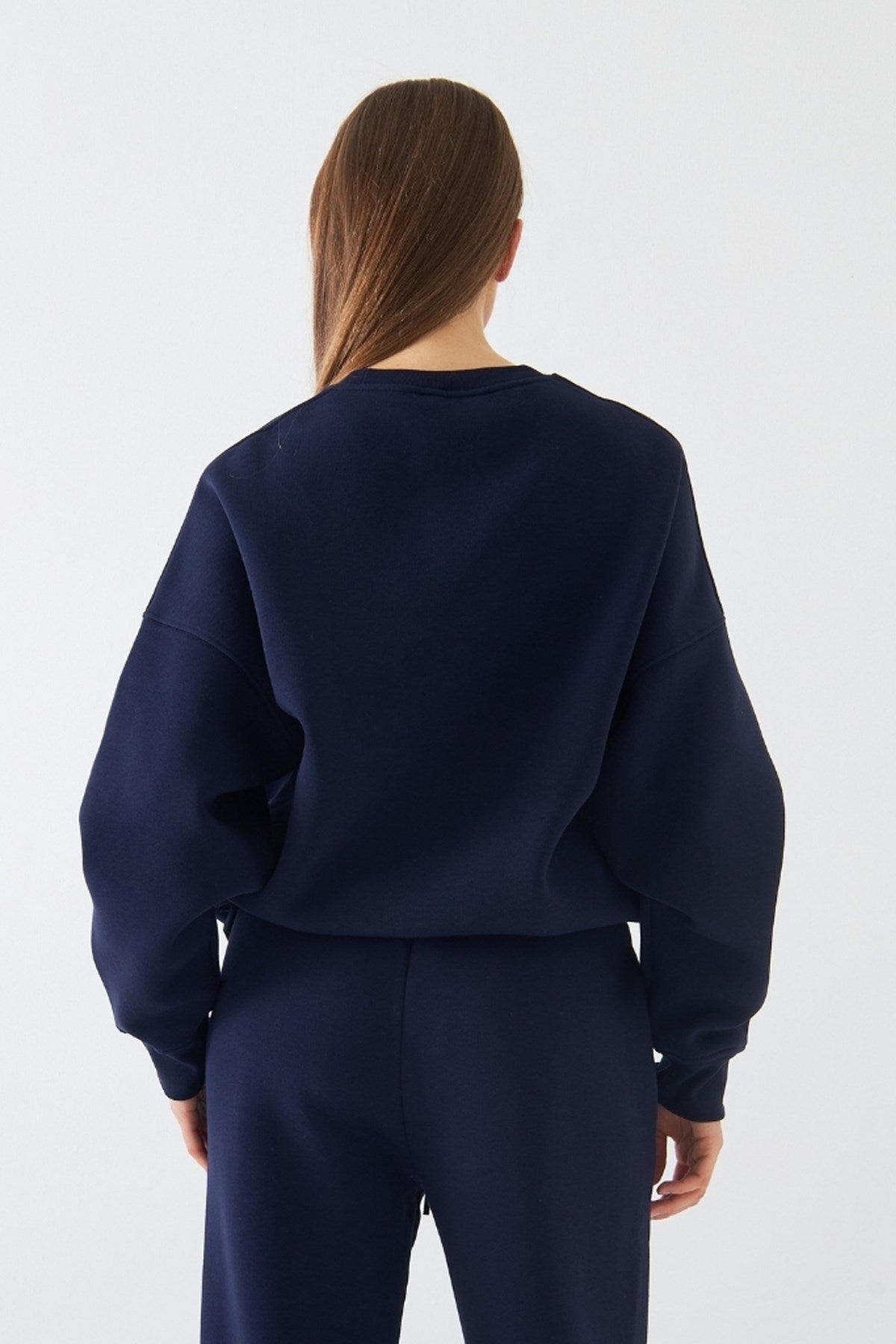 Kadın Oversize Sweatshirt Sun & Moon Baskılı Lacivert – Bisiklet Yaka, 3 İplik Şardonlu Polar