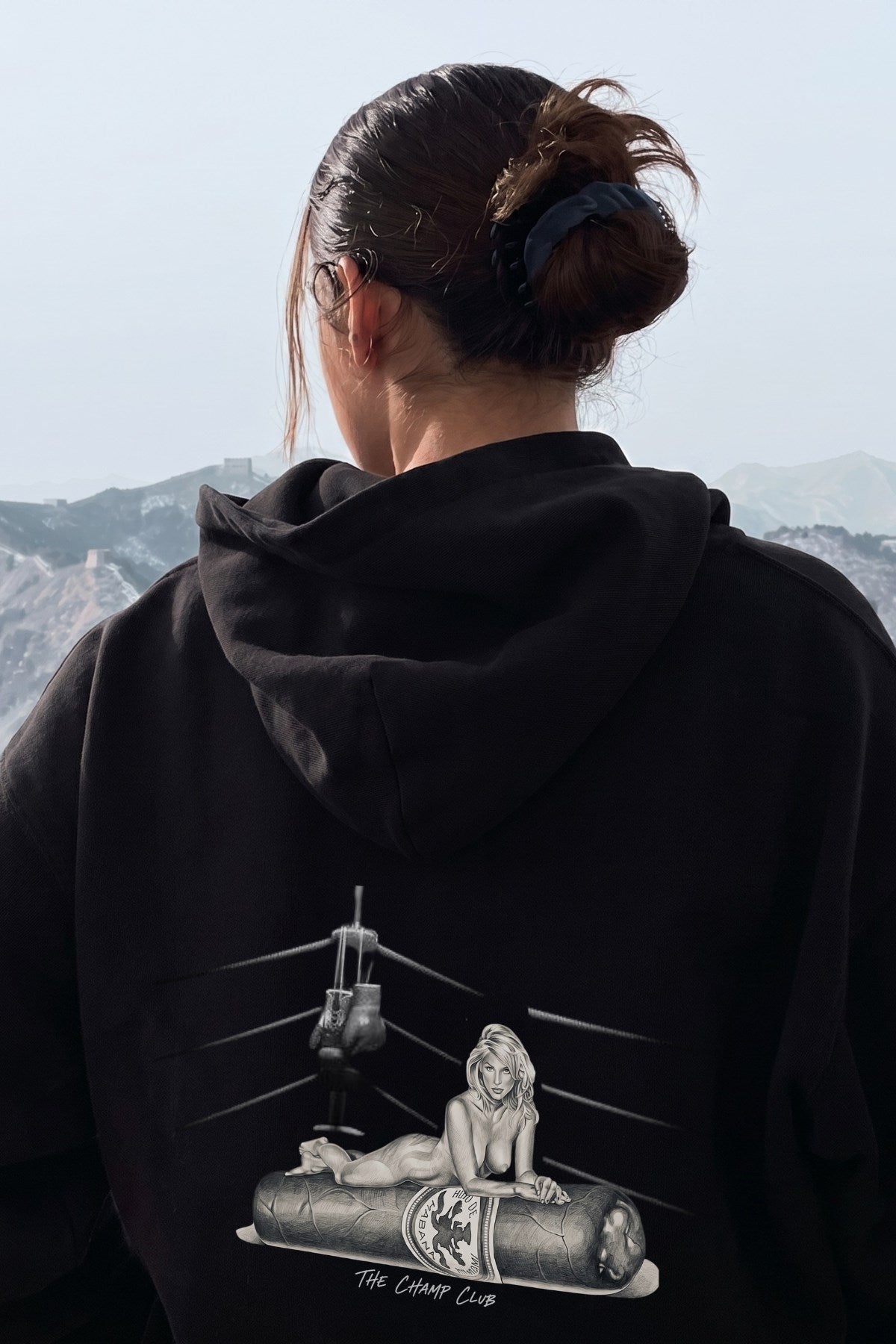 Kadın Oversize Sweatshirt Hoodie Ring Spirit Black Siyah – Kapüşonlu, 3 İplik Polar, Kanguru Cepli
