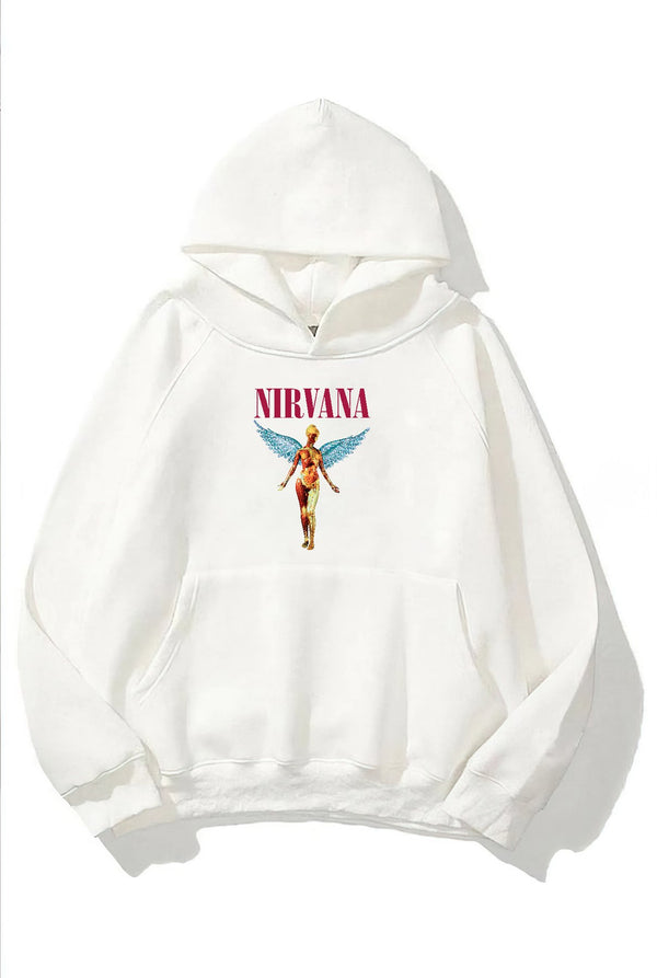 Kapüşonlu İçi Polar Nirvana Angel Baskılı Beyaz Unisex Hoodie Sweatshirt