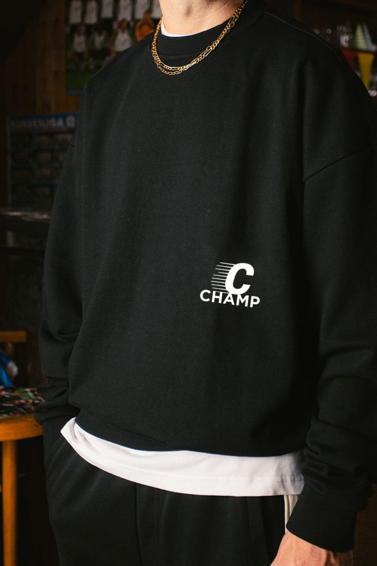 Erkek Siyah Bisiklet Yaka Sweatshirt  The Champ Futbol Topu Baskılı 3 İplik Şardonlu Oversize