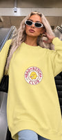 Kadın Oversize Sweatshirt Elbise Bad Club Baskılı Sarı – Bisiklet Yaka, 3 İplik Şardonlu Polar
