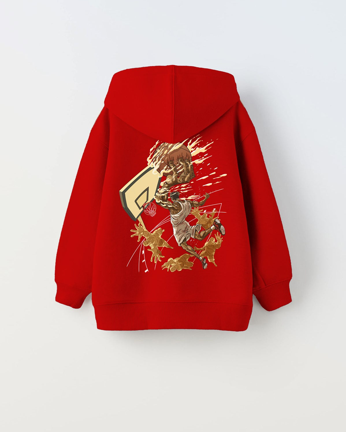 Kapüşonlu İçi Polar Basketbol Baskılı Kırmızı Unisex Çocuk Hoodie Sweatshirt